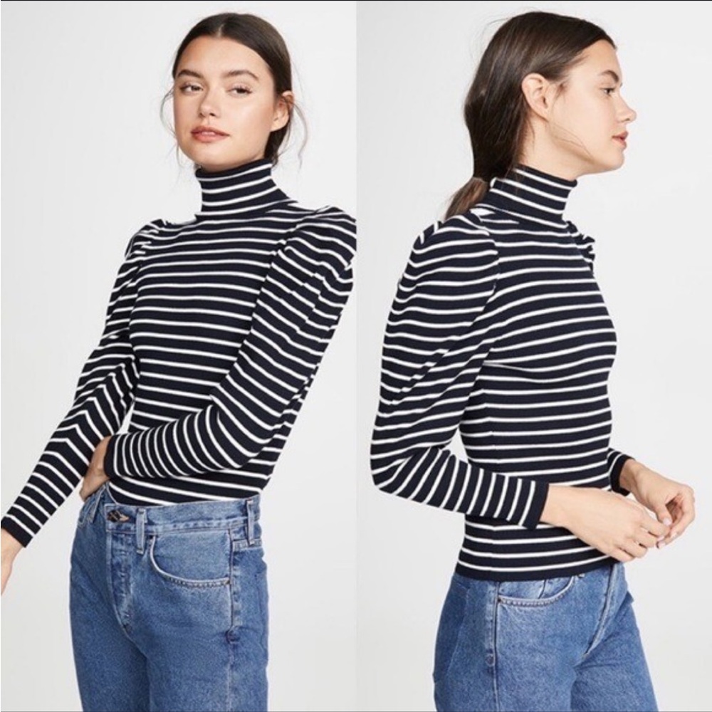 NWT A.L.C. Black and White Striped Baker Puff Sleeve Turtleneck - Picture 2 of 9